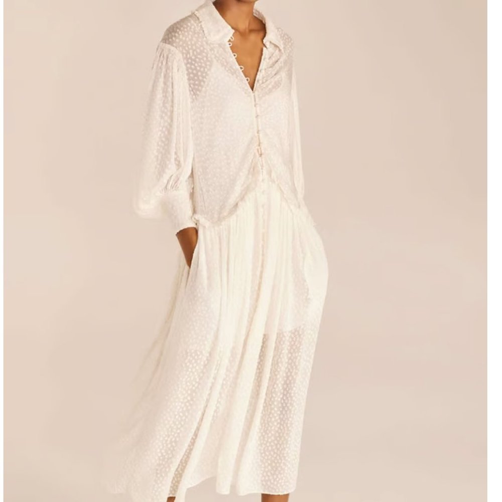 Rebecca Taylor White Ruffle Front Shirt Dress with Long Sleeves
